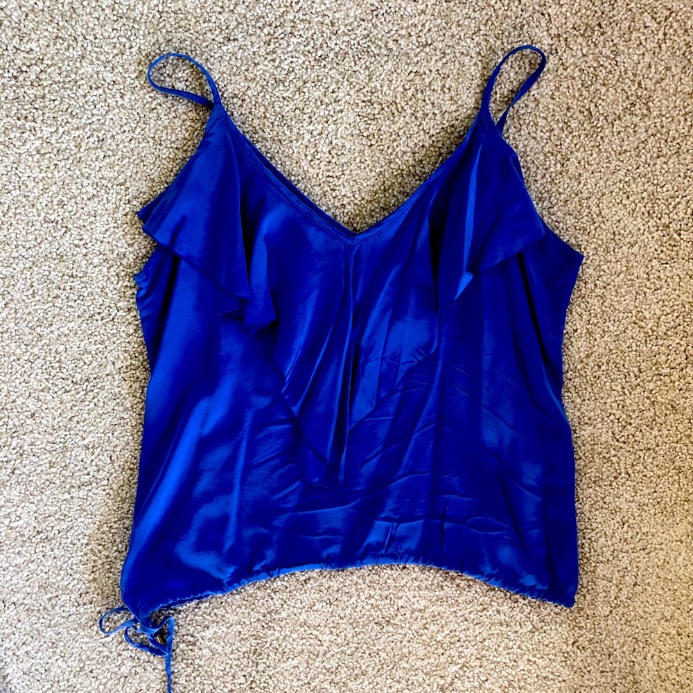 Karina Grimaldi Cobalt Blue 100% Silk Ruffle Tie Front Blouse Size L Resort